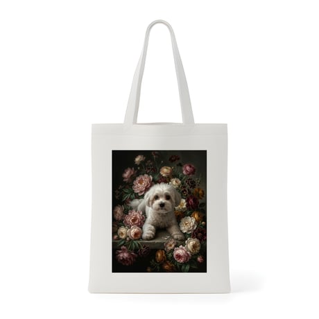 犬（マルチーズ）トートバッグ 花の油絵風アート キャンバス地