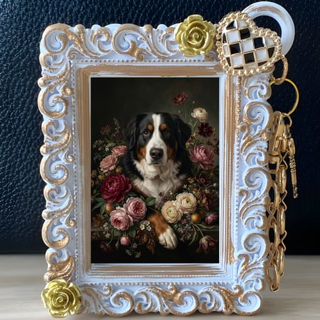 犬（バーニーズマウンテンドッグ）バッグチャーム 花の油絵風アート ホワイト額縁