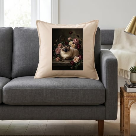 猫（バーマン）クッション 45cm 花の油絵風カラーアート