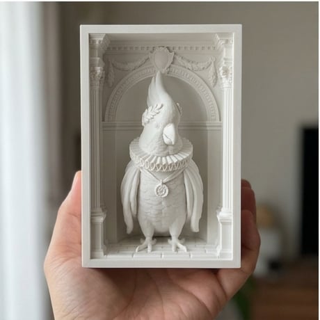 インコ（タイハクオウム）の3Dプリント ブックヌーク 白PLA 本棚インテリア