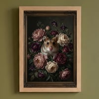 ハムスター（ロボロフスキーハムスター）の花の油絵風アート A4額装