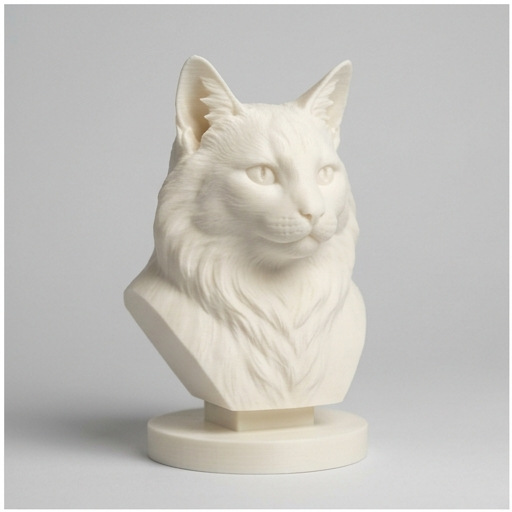 ノルウェージャンフォレストキャットの3Dプリント胸像 白PLA 彫刻 置物