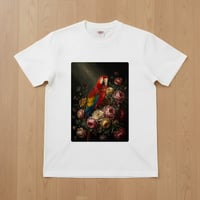 インコ（コンゴウインコ）半袖Tシャツ 花の油絵風アート ホワイト 男女兼用