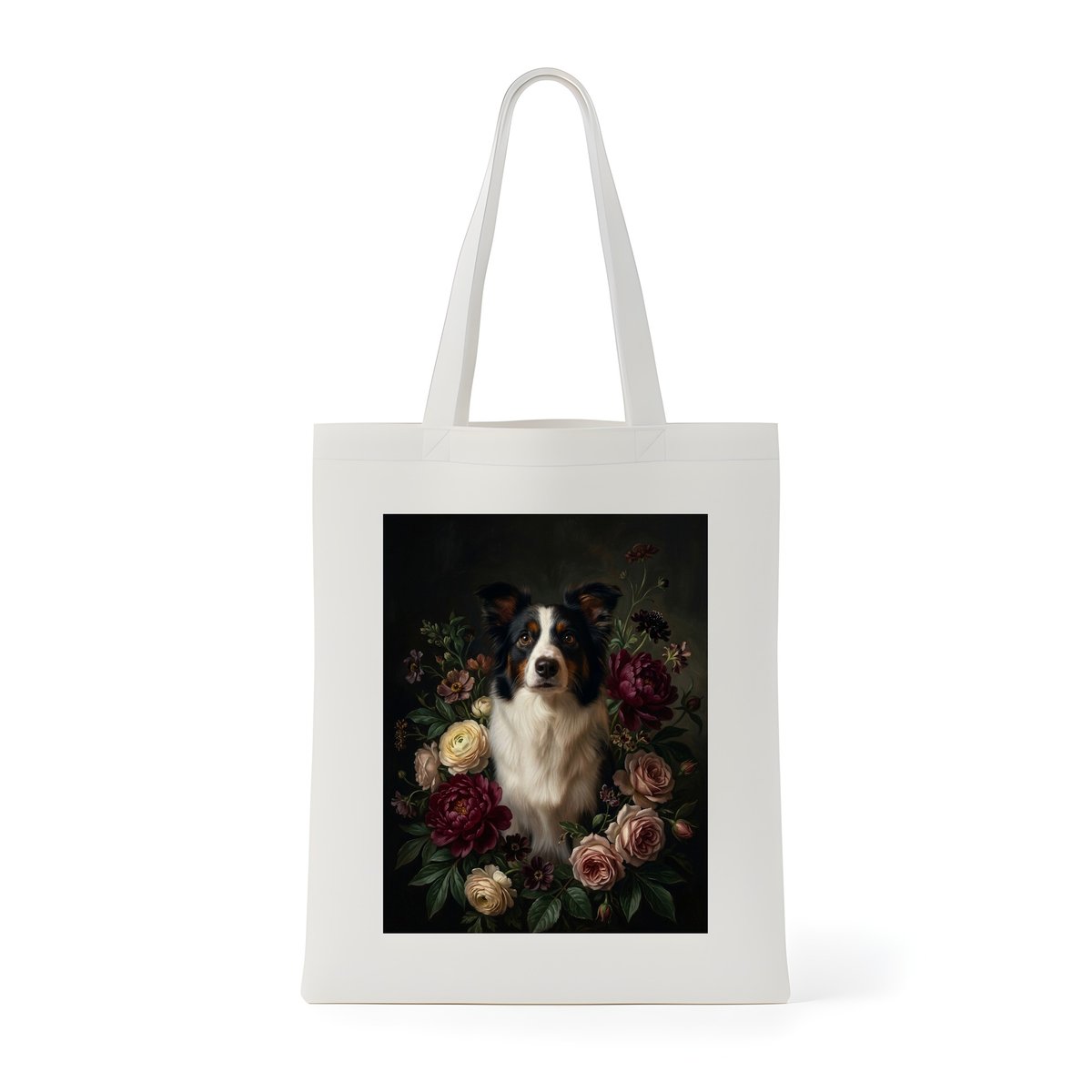 犬（ボーダーコリー）トートバッグ 花の油絵風アート キャンバス地