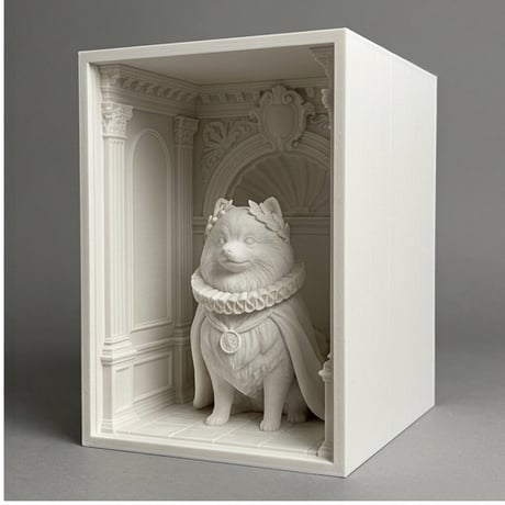 犬（ポメラニアン）の3Dプリント ブックヌーク 白PLA 本棚インテリア