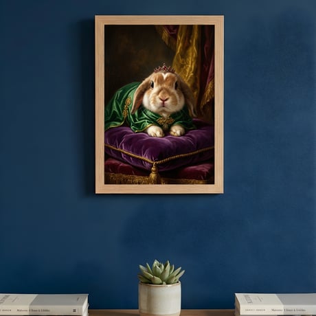 うさぎ（ミニロップ）のルネサンス風肖像画 油絵風アートA4額装インテリア壁掛け