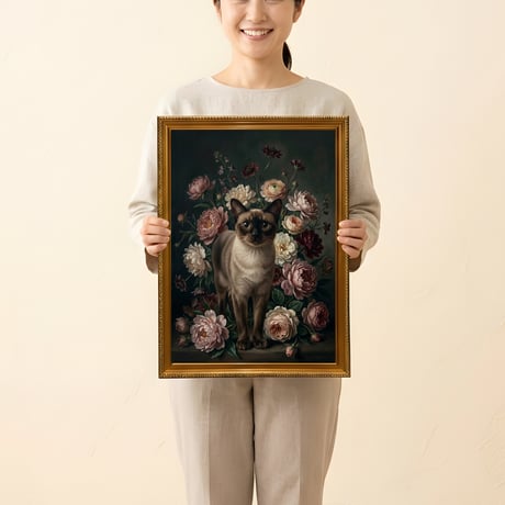猫（バーミーズ）の花に囲まれた油絵風アート A3額装インテリア壁掛け
