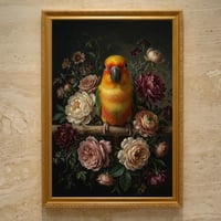 インコ（ナナイロメキシコインコ）の花の油絵風アート A3額装インテリア壁掛け