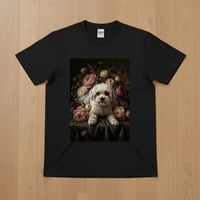 犬（マルチーズ）半袖Tシャツ 花の油絵風アート ブラック 男女兼用