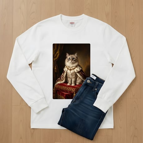 猫（ラグドール）長袖Tシャツ ルネサンス風カラーアート ホワイト 男女兼用