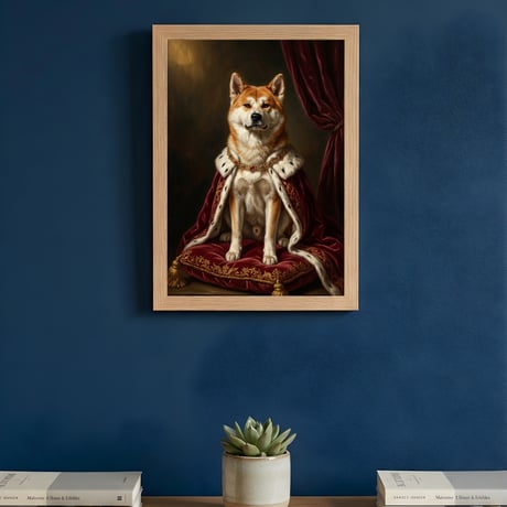 犬（秋田犬）のルネサンス風肖像画 油絵風アートA4額装インテリア壁掛け