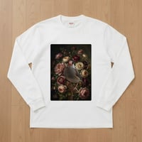 文鳥・ブンチョウ長袖Tシャツ 花の油絵風アート ホワイト 男女兼用