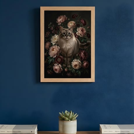 猫（ラグドール）の花に囲まれた油絵風アート A4額装インテリア壁掛け