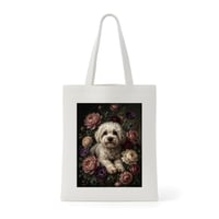 犬（ビションフリーゼ）トートバッグ 花の油絵風アート キャンバス地