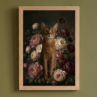 猫（アビシニアン）の花に囲まれた油絵風アート A4額装インテリア壁掛け