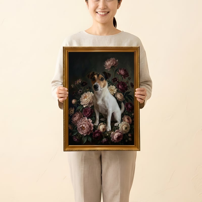 犬（ジャックラッセルテリア）の花に囲まれた油絵風アート A3額装