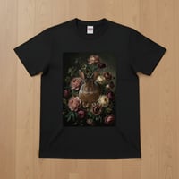 うさぎ（ミニレッキス）半袖Tシャツ 花の油絵風アート ブラック 男女兼用