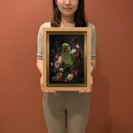 インコ（インドオオハナインコ）の花の油絵風アート A4額装インテリア壁掛け