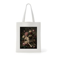 犬（パグ）トートバッグ 花の油絵風アート キャンバス地