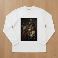 猫（オシキャット）長袖Tシャツ 花の油絵風アート ホワイト 男女兼用