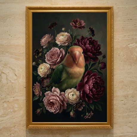 インコ（コザクラインコ）の花に囲まれた油絵風アート A3額装インテリア壁掛け