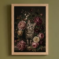 猫（アメリカンショートヘア）の花に囲まれた油絵風アート A4額装インテリア壁掛け