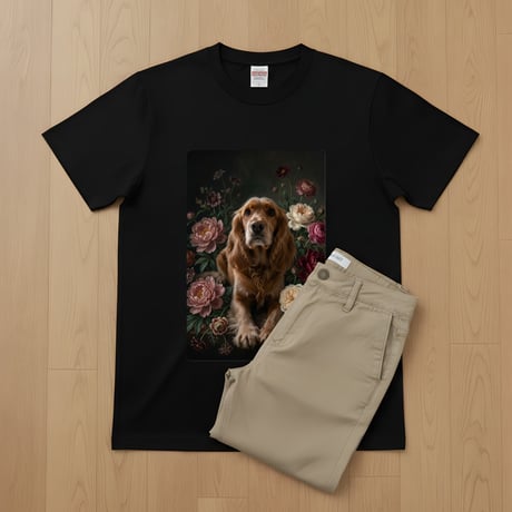 犬（コッカースパニエル）半袖Tシャツ 花の油絵風アート ブラック 男女兼用