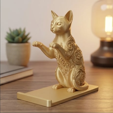 猫（アビシニアン）のスマホスタンド 卓上 シルクゴールド