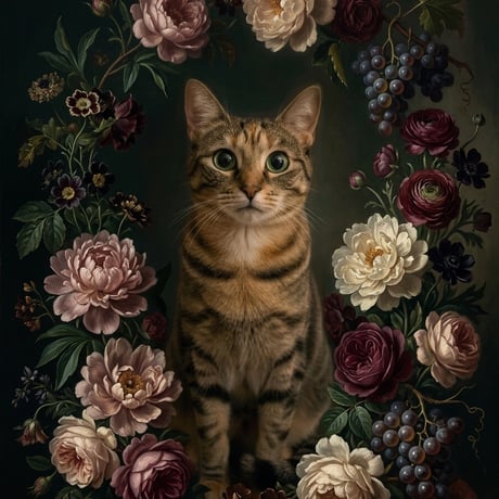 猫の花に囲まれた油絵風アート A4額装インテリア壁掛け
