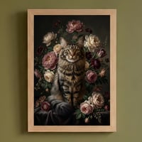 猫（メインクーン）の花に囲まれた油絵風アート A4額装インテリア壁掛け