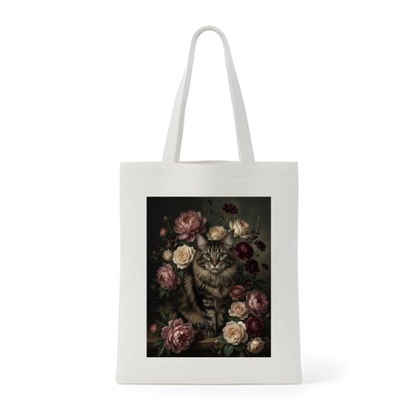 猫（メインクーン）トートバッグ 花の油絵風アート キャンバス地