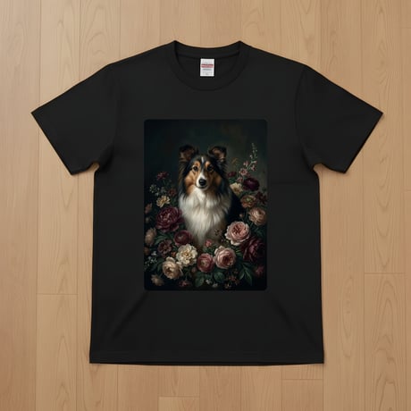 シェットランドシープドッグ半袖Tシャツ 花の油絵風アート ブラック 男女兼用
