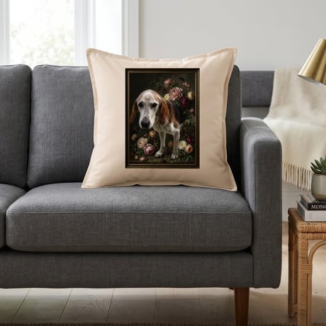 犬（ビーグル）クッション 45cm 花の油絵風カラーアート