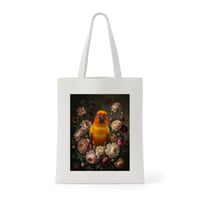 インコ（コガネメキシコインコ）トートバッグ 花の油絵風アート キャンバス地