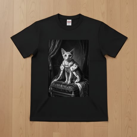 猫（デボンレックス）半袖Tシャツ ルネサンス風モノクロアート ブラック 男女兼用
