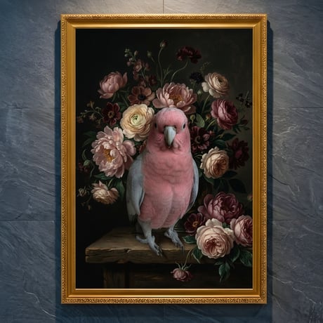 インコ（モモイロインコ）の花に囲まれた油絵風アート A4金縁額装インテリア壁掛け
