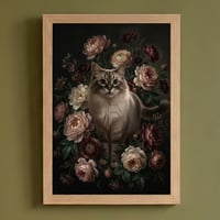 猫（ラグドール）の花に囲まれた油絵風アート A4額装インテリア壁掛け
