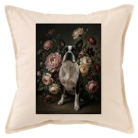 犬（ボストンテリア）クッション 45cm 花の油絵風カラーアート