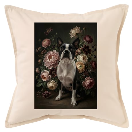 犬（ボストンテリア）クッション 45cm 花の油絵風カラーアート