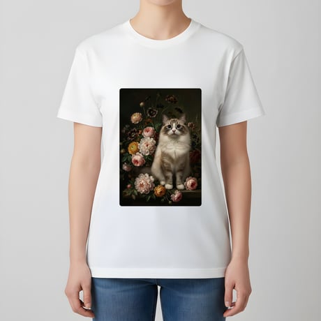 猫（ラグドール）半袖Tシャツ 花の油絵風アート ホワイト 男女兼用