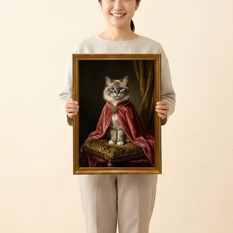 猫（ラグドール）のルネサンス風肖像画 油絵風アートA3額装インテリア壁掛け