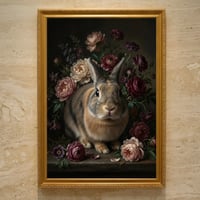 うさぎの花に囲まれた油絵風アート A3額装インテリア壁掛け