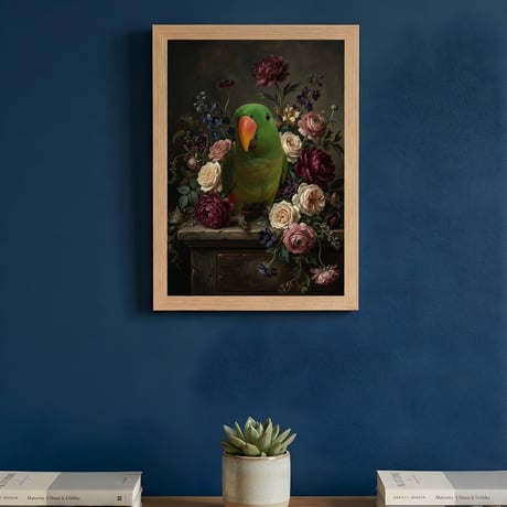 インコ（オオハナインコ）の花に囲まれた油絵風アート A4額装インテリア壁掛け