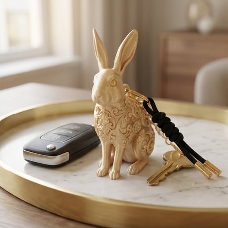 うさぎ（ハーレクイン）のキーホルダー ミニチュア シルクゴールド