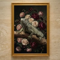 イグアナ（トゲオイグアナ）の花に囲まれた油絵風アート A3額装インテリア壁掛け