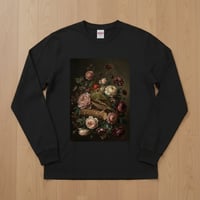 アサヒスズメ長袖Tシャツ 花の油絵風アート ブラック 男女兼用