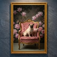 犬（パグ）のロココ調シャビーピンクアート A4金縁額装インテリア壁掛け