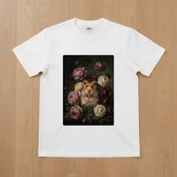 ファンシーハムスター半袖Tシャツ 花の油絵風アート ホワイト 男女兼用