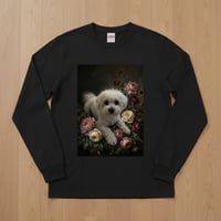 犬（ビションフリーゼ）長袖Tシャツ 花の油絵風アート ブラック 男女兼用