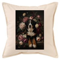 犬（バーニーズマウンテンドッグ）クッション 45cm 花の油絵風カラーアート